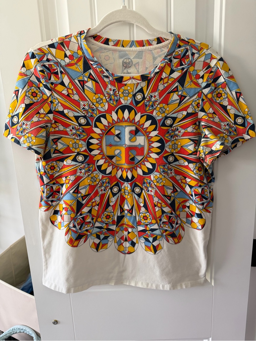 Tory Burch Kids White Tee with Multicolor Geometric Mandala